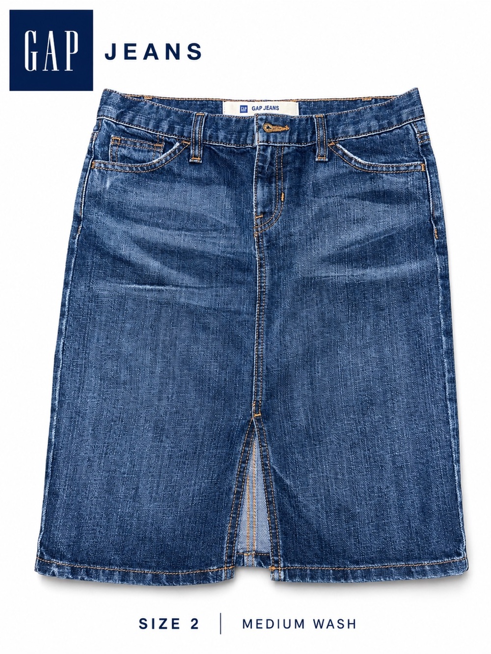 GAP Jeans Denim Pencil Skirt Size 2 Medium Wash Front Slit Classic Stretch